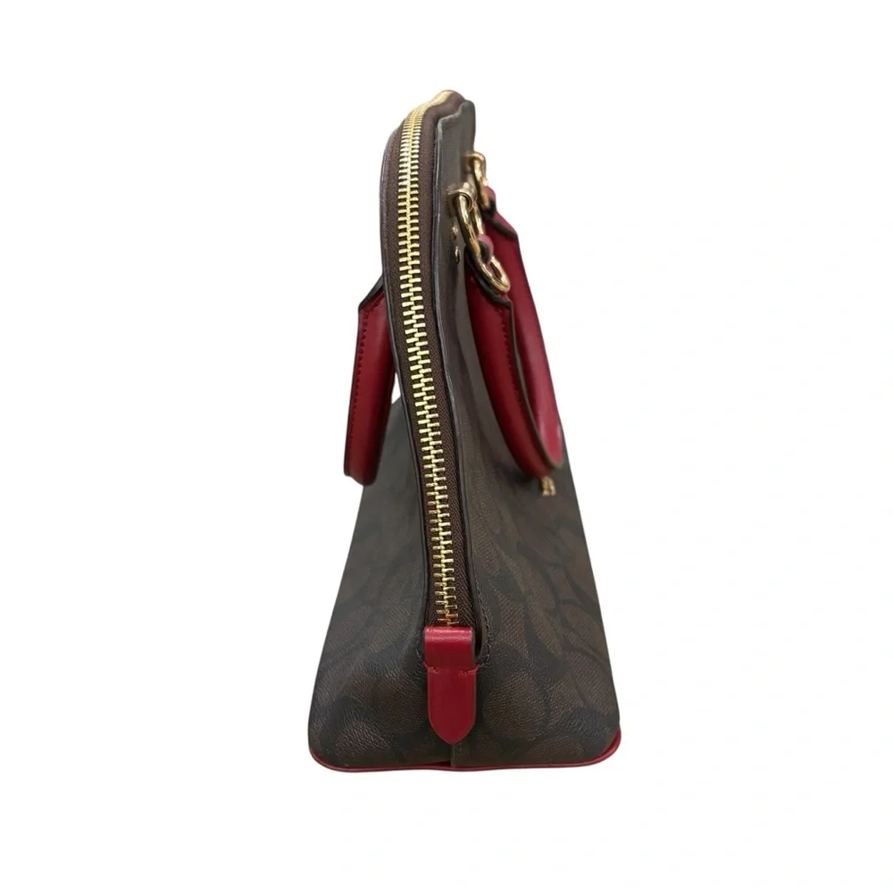 COACH Brown Signature Dome Satchel with Red Handles - Picture 5 of 12